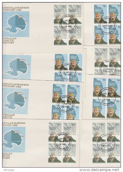 Australian Antarctic Territory 1983 Mawson Centenary Block 4 Set 4 Bases FDCs - FDC