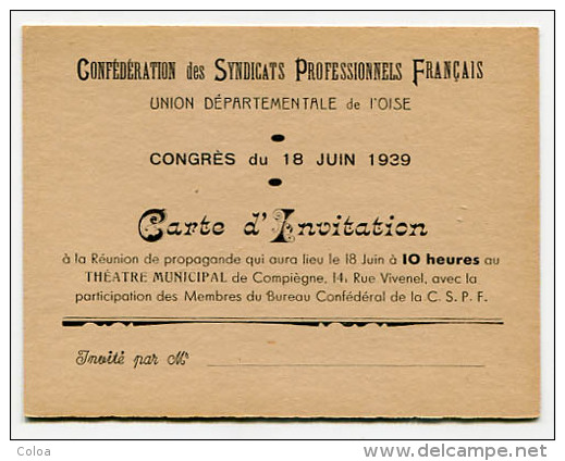 Carte Invitation Confédération Des Syndicats Professionnels Français Congrès 1939 - Non Classés