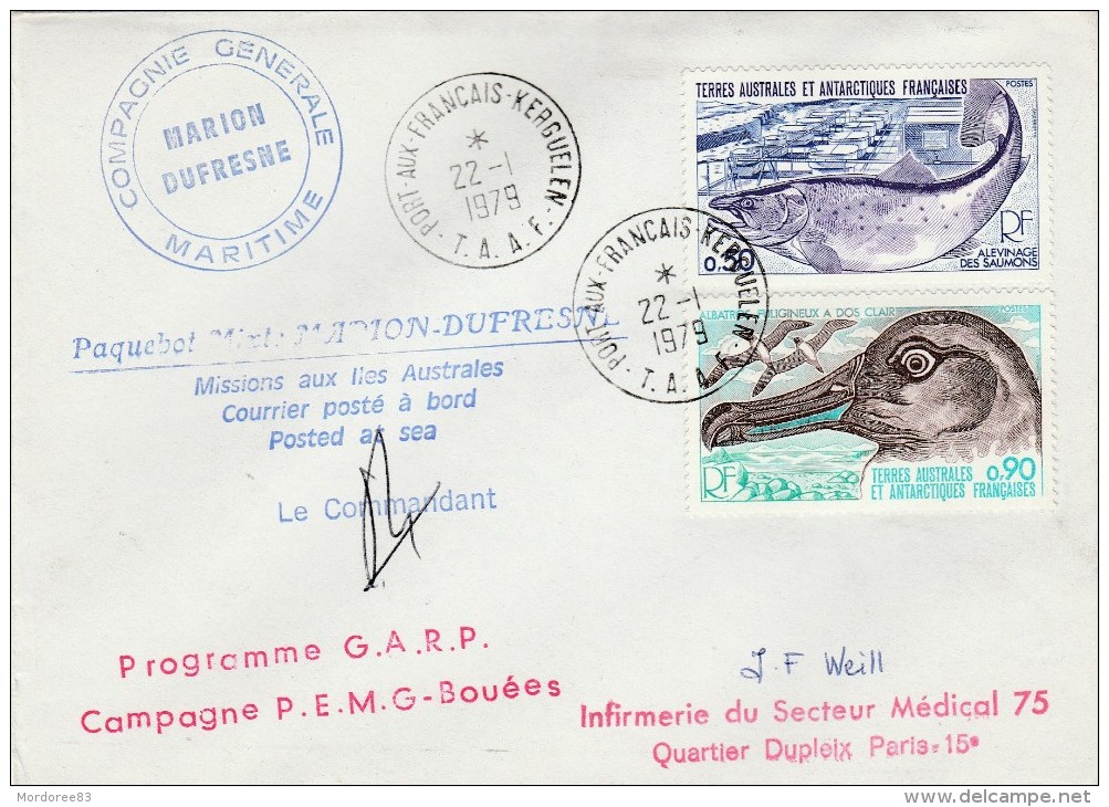 TAAF YVERT N°71-72  PORT AUX FRANCAIS 1979 CACHET CIE GLE MARITIME MARION DUFRENE      TDA13 - Lettres & Documents