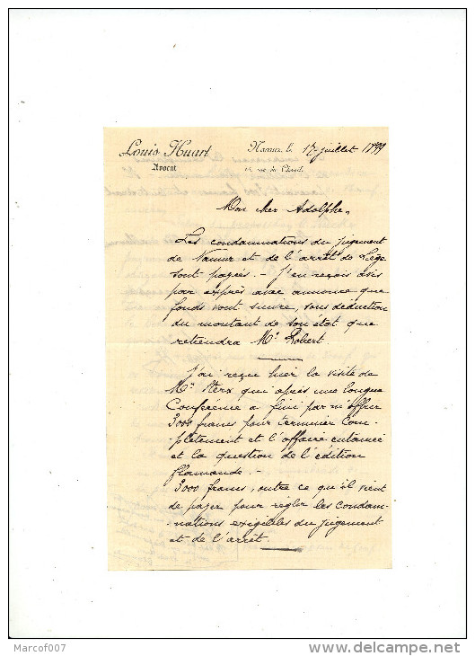 LETTRE DE NAMUR - 1899 AVOCAT L. HUART - Manuscrits