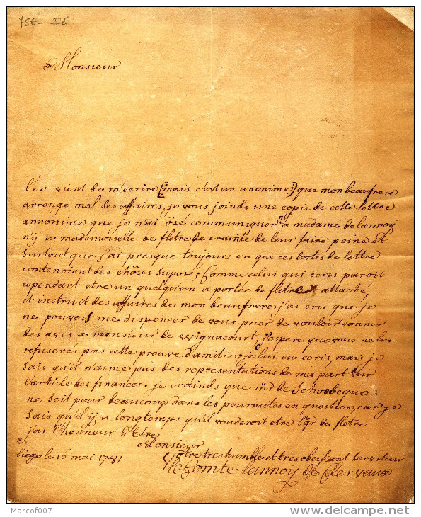 LETTRE DE LIEGE - 1781 - SIGNEE COMTE LANNOY DE CLERVAUX - Manuscrits