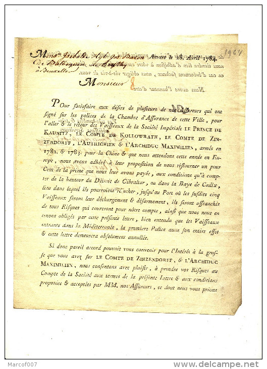 MARINE - ANVERS POUR BXL 1784 - BARON BAUDEQUIN DE COUTHY - BARON DE BORREKENS - Manuscrits