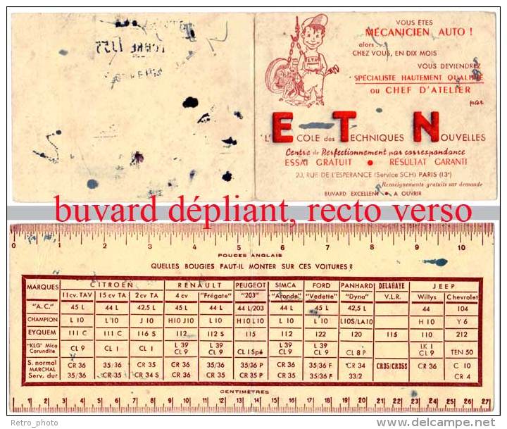 Buvard Ecole Des Techniques Nouvelles (ETN), Mécanicien Auto (dépliant, Tableau Des Bougies Par Marques) - E