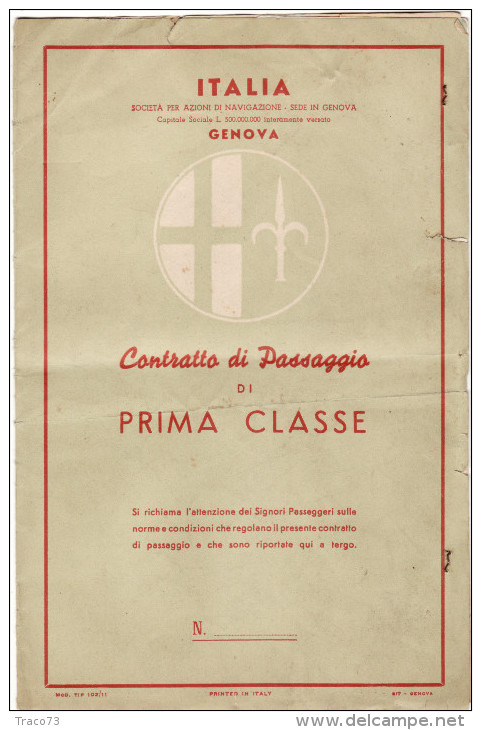 TRANSATLANTICO  CONTE BIANCAMANO /  Biglietto (Contratto Di Passaggio ) Di Prima Classe _ 1954 - Europe