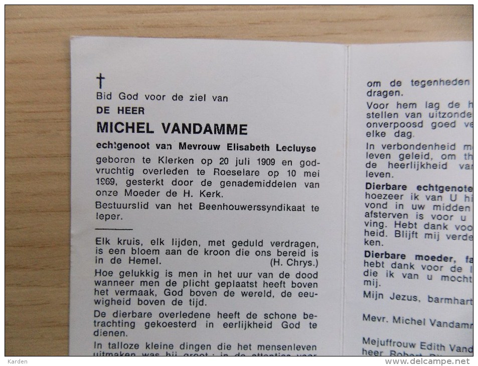 Doodsprentje Michel Vandamme Klerken 20/7/1909 Roeselare 10/5/1969 ( Elisabeth Lecluyse ) - Religione & Esoterismo