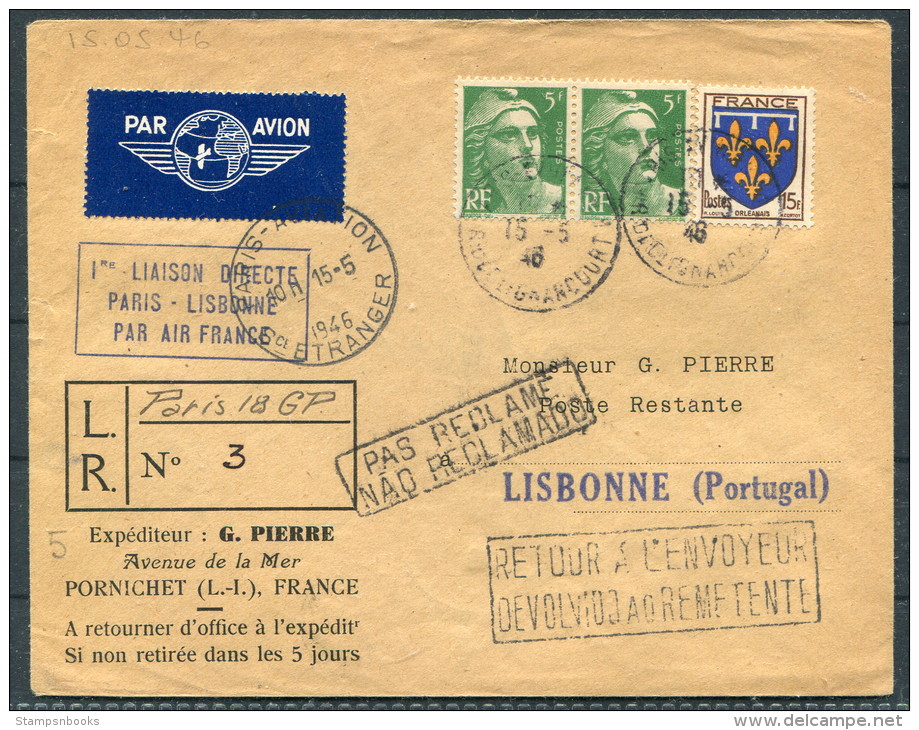 1946 Paris - Lisbon Portugal Air France Pornichet First Flight Cover - Lisboa - 1927-1959 Covers & Documents