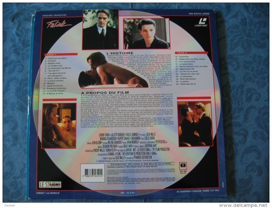 LASERDISC  CDV   °°°  Fatale Avec Jeremy Irons Et Juliette Binoche +++++ - Otros