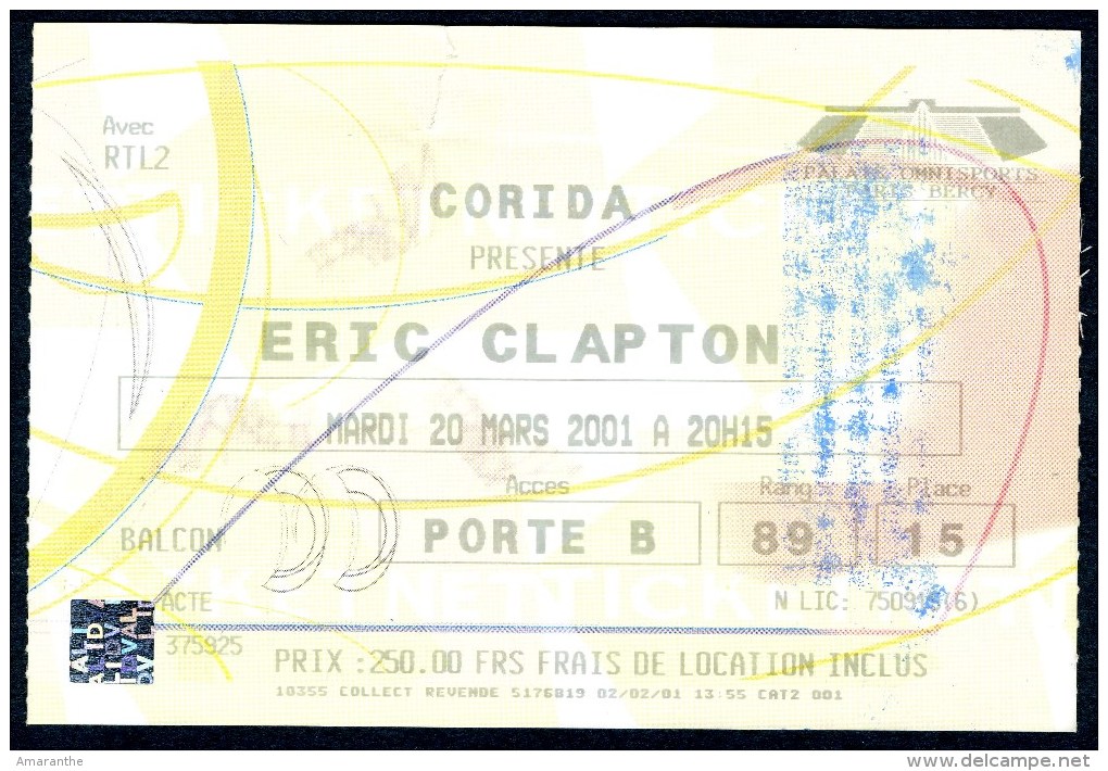 Concert D'ERIC CLAPTON Au POPB Le 20 Mars 2001 - Tickets De Concerts