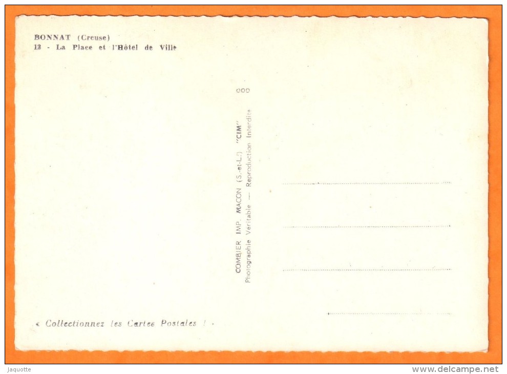 BONNAT - Creuse 23 - La Place Et L´Hotel De Ville - Autos Voitures Hotel Central - Sonstige & Ohne Zuordnung