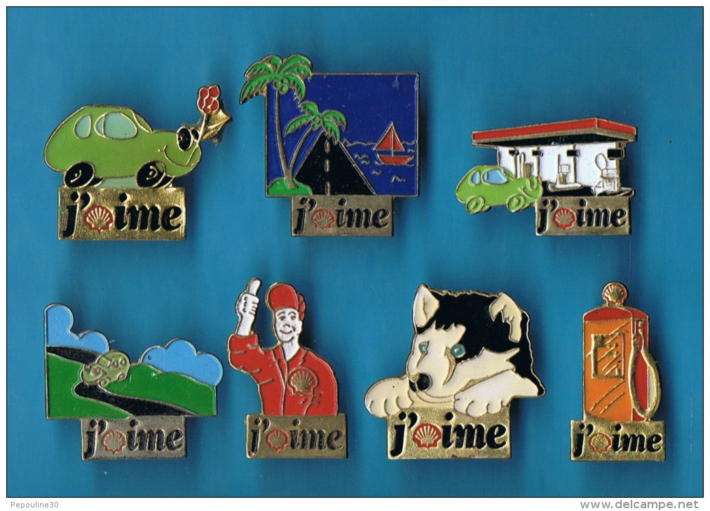 LOT 7 PIN'S // ** PERSONNAGES / CHIEN / PAYSAGES & VEHICULES / J'AIME SHELL ** - Loten