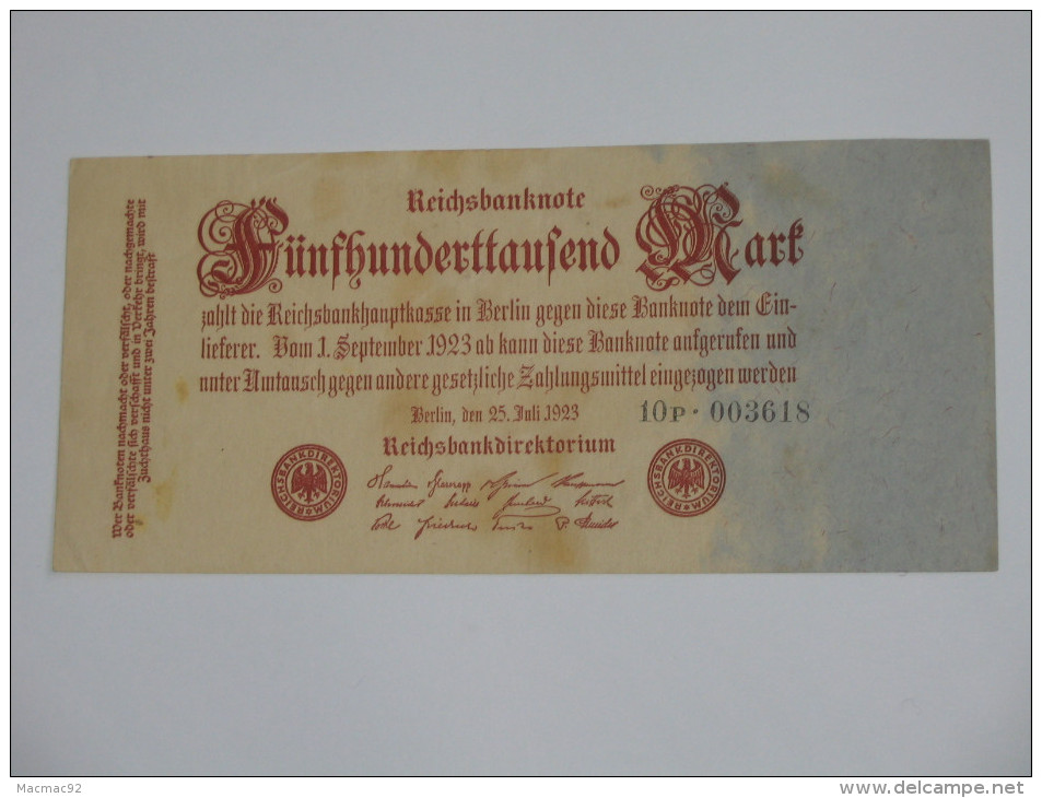 500 000 Funfh Underttaufend Mark 1923 -  Reichsbanknote - Germany - Allemagne **** EN ACHAT IMMEDIAT **** - 500000 Mark