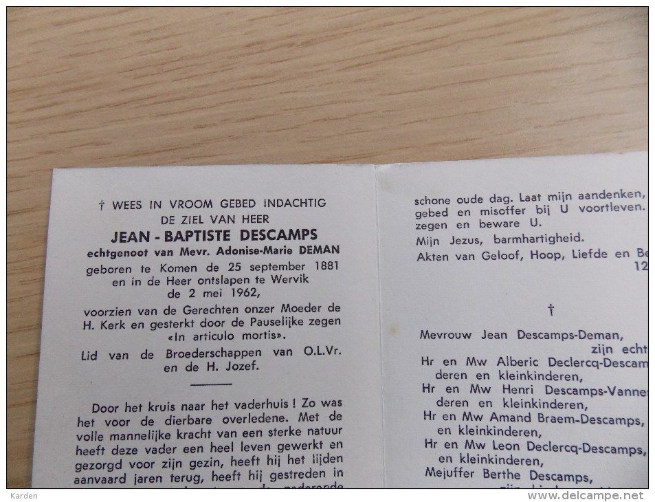 Doodsprentje Jean Baptiste Descamps Komen 25/9/1881 Wervik 2/5/1962 ( Adonise Marie Deman ) - Religione & Esoterismo