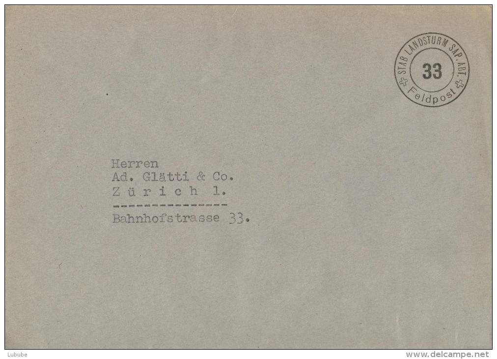 Feldpost Brief  "Stab Landsturm Sap.Abt.33"        Ca. 1940 - Oblitérations