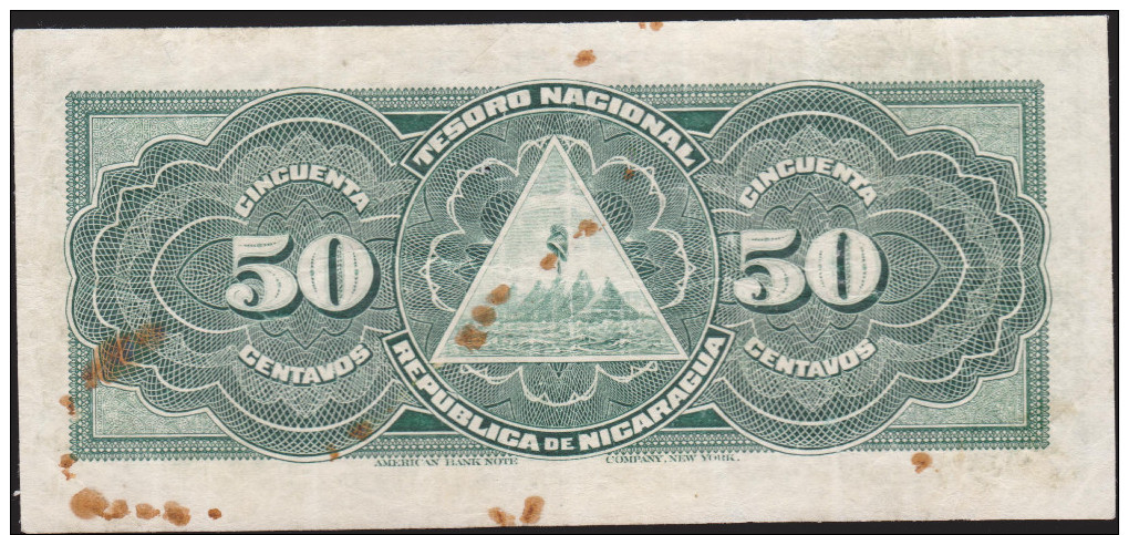 Nicaragua 50 Centavos 1910 Pick 43a CRISTBAL COLON BANKNOTE VERY RARE - Nicaragua