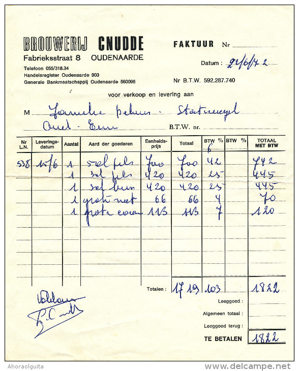 BRASSERIE - Facture 1982 Brouwerij Cnudde à OUDENAARDE  --  22/807 - Levensmiddelen