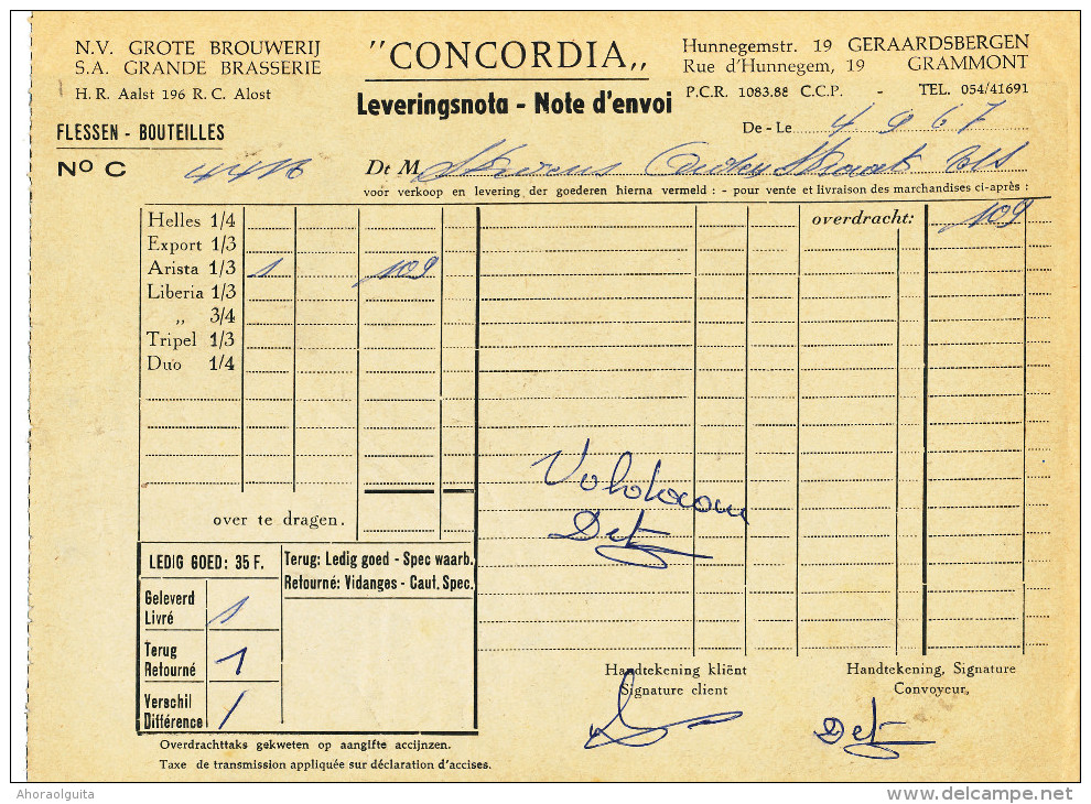 BRASSERIE - 2 Notes D´ Envoi 1967 Brouwerij Concordia à GRAMMONT GERAARDSBERGEN  --  22/809 - Levensmiddelen