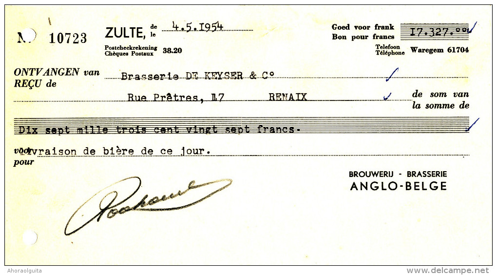 BRASSERIE - 2 Reçus 1954/55 - Brasserie Anglo-Belge à ZULTE Waereghem  --  22/811 - Alimentaire