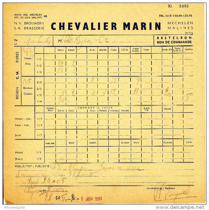 BRASSERIE - 3 Documents 1956 - Brasserie Chevalier Marin à MECHELEN MALINES  --  22/812 - Levensmiddelen