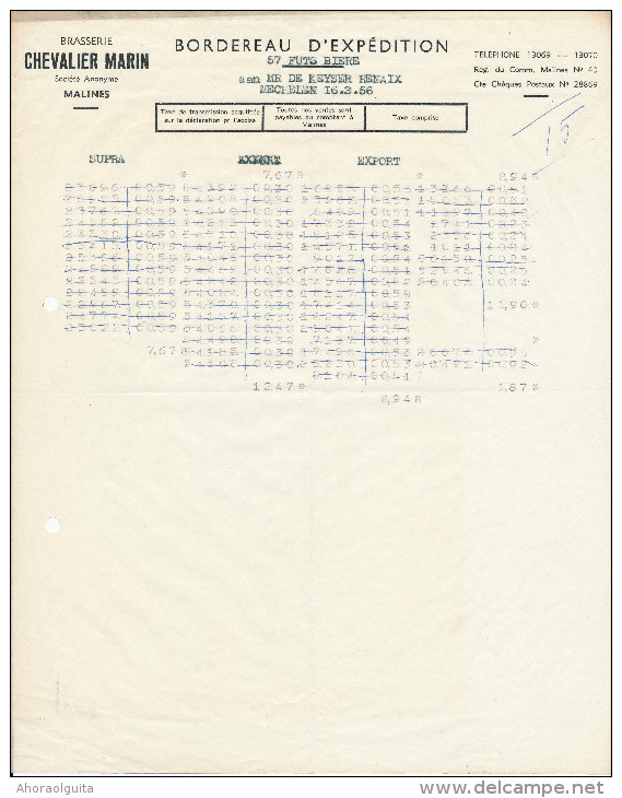 BRASSERIE - 3 Documents 1956 - Brasserie Chevalier Marin à MECHELEN MALINES  --  22/812 - Alimentare