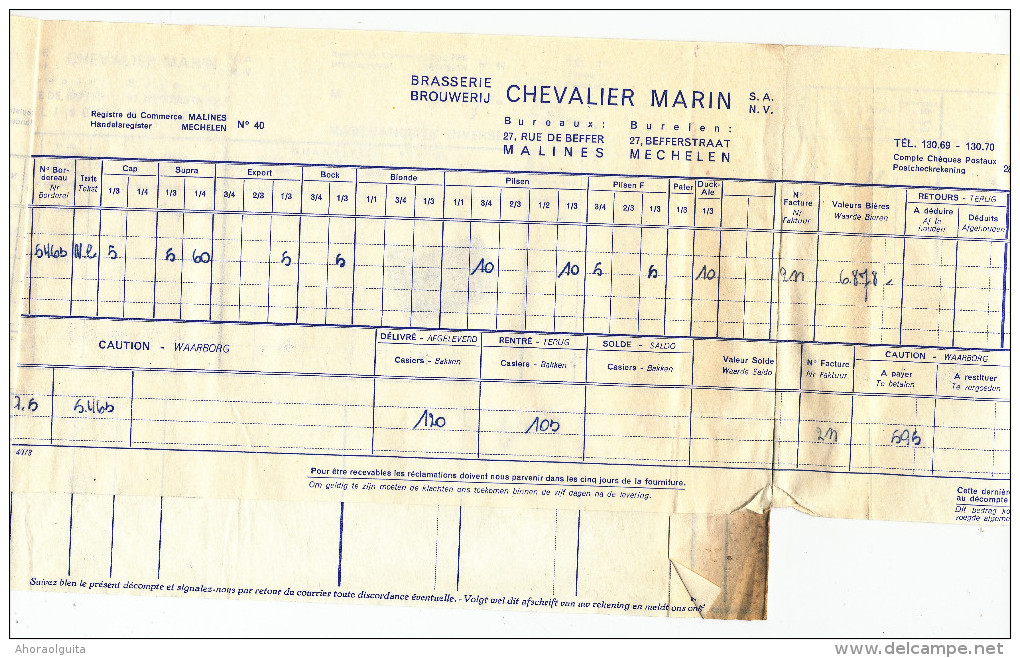 BRASSERIE - Dossier 5 Documents - Brasserie Chevalier Marin à MECHELEN MALINES  --  22/813 - Lebensmittel