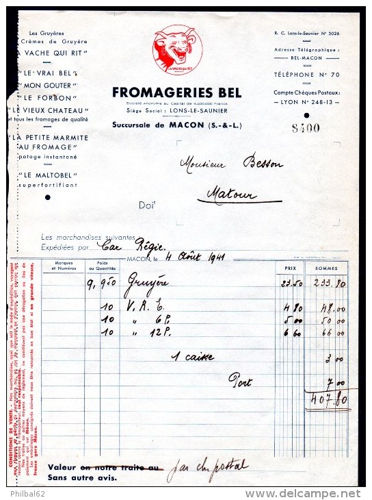 Facture Fromagerie BEL, La Vache Qui Rit, Lons Le Saunier, Pour épicerie à Matour. 4 Août 1941. - Alimentaire