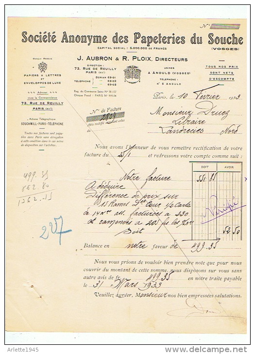 SOCIETE ANONYME Des PAPETERIES Du SOUCHE J. AUBRON & R. PLOIX à PARIS 1933 - Imprimerie & Papeterie