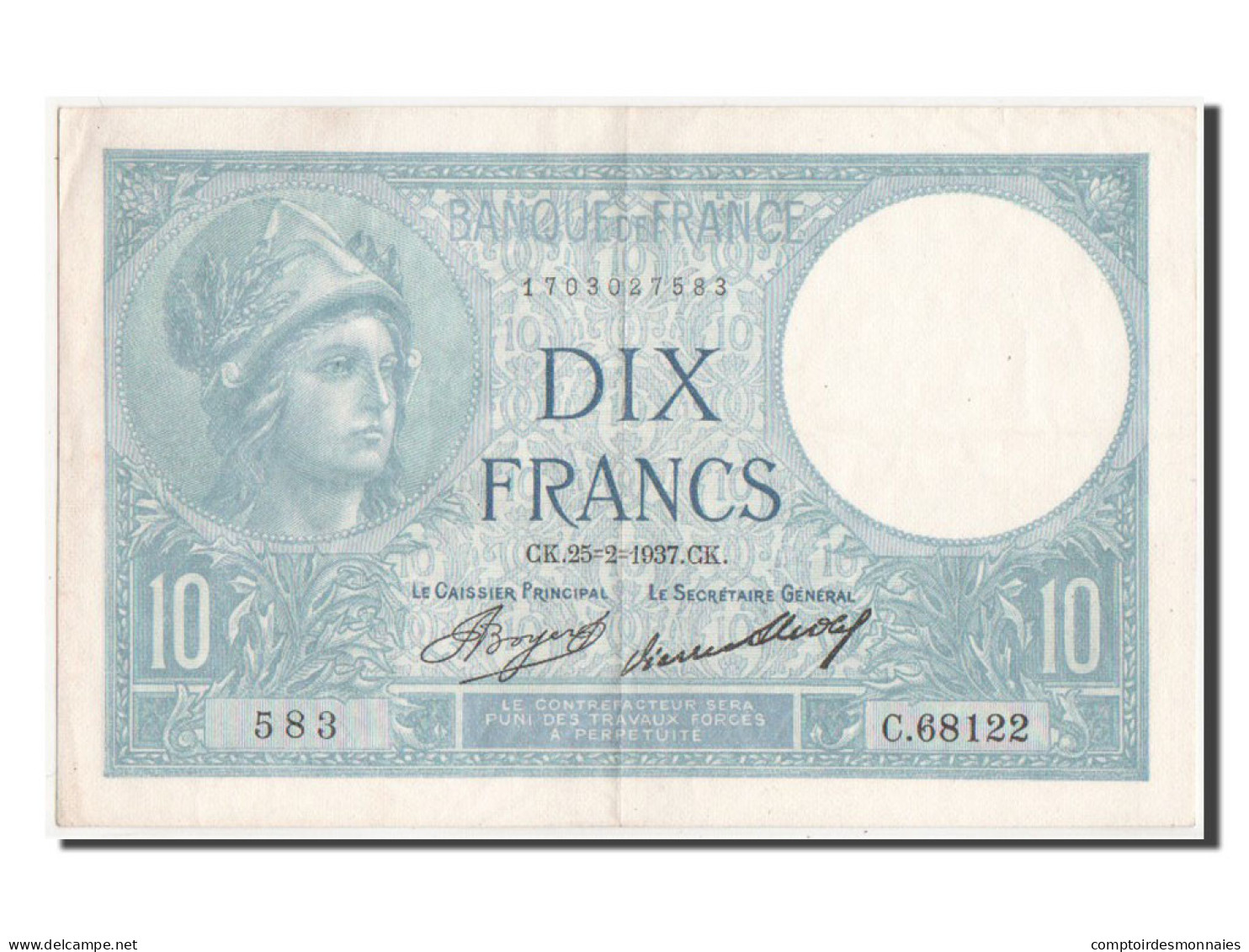 Billet, France, 10 Francs, 10 F 1916-1942 ''Minerve'', 1937, SUP, Fayette:6.18 - 10 F 1916-1942 ''Minerve''