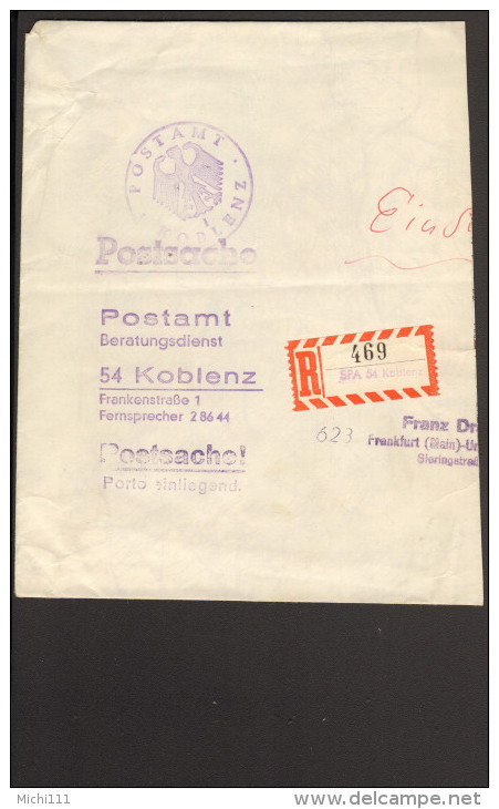 BRD Postsache Vom Postamt Koblenz Mit Blanko-R-Zettel Rautenausgabe Auf Briefstück - Etiquettes 'Recommandé' & 'Valeur Déclarée'