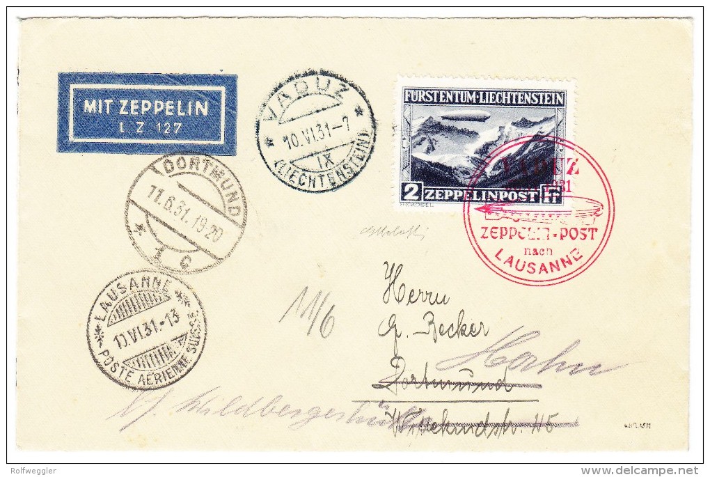 Liechtenstein Zeppelin Sonderflug 10.6.1931 1Fr. Auf Brief Nach Bad Salzelman 2Fr. Nach Dortmund Beide Mit  Attest - Poste Aérienne