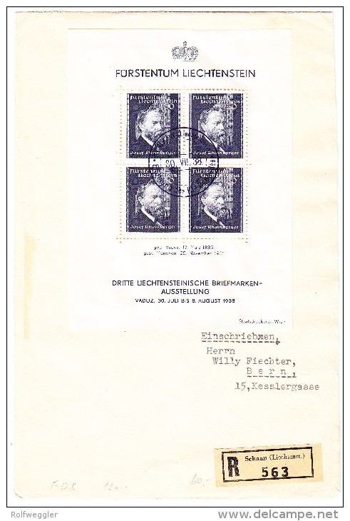 Liechtenstein Mi#bloc 3 Zu#141 3.Briefmarken Austellungsblock 30.7.1938 FDC-R-Brief Nach Bern Mit AK-Stempel - Air Post