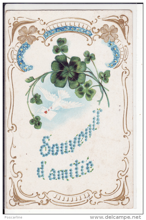 CPA Trèfles Et Trèfles Dorés, Myosotis " Souvenir D'amitié "( 2 Scans ) - Autres & Non Classés