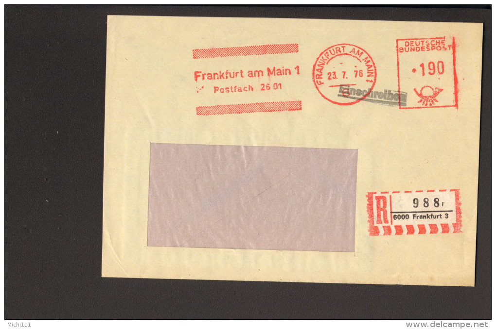 BRD Einschreibebrief Mit R-Zettel Rautenausgabe Von 1976 Aus Frankfurt 6, R-Zettel Von Frankfurt 3 - R- Und V-Zettel