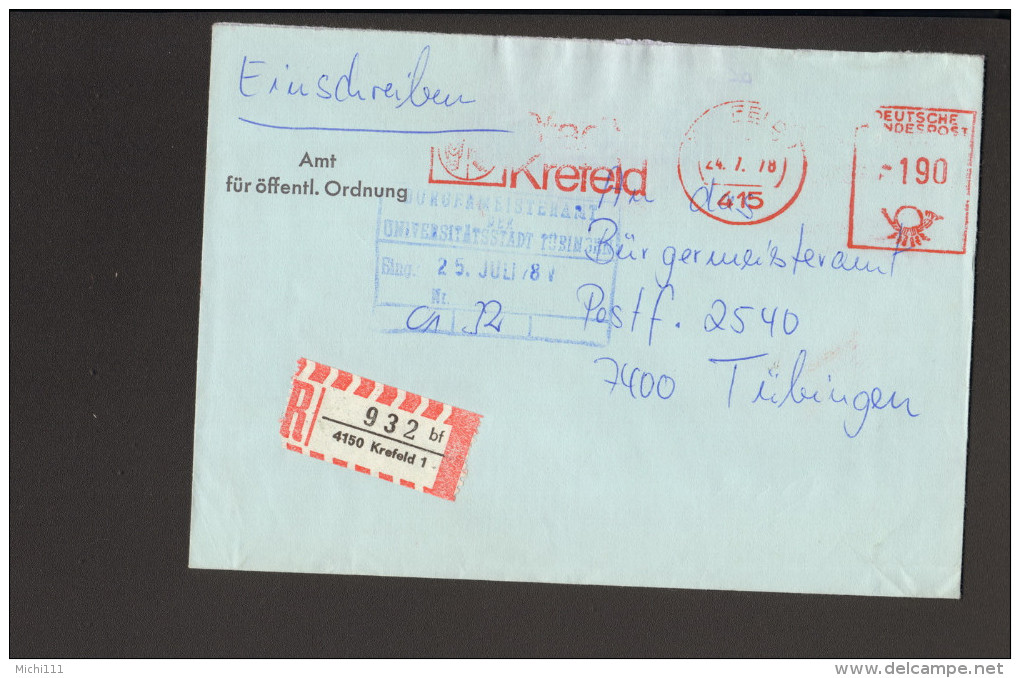 BRD Einschreibebrief Mit R-Zettel Rautenausgabe Von 1978 Aus Krefeld Mit Freistempel Der Stadt Krefeld - R- & V- Labels