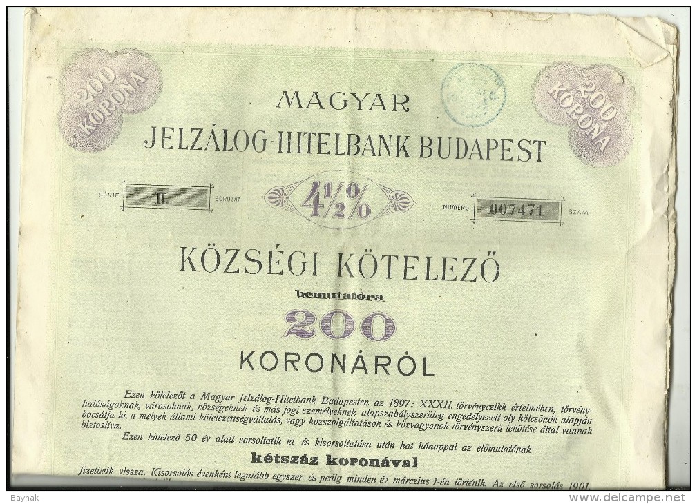 OBLIGATION  ---   HUNGARY  ---  HITELBANK BUDAPEST  --  1897  ---  BIG FORMAT  42 Cm X 28 Cm - Bank & Versicherung