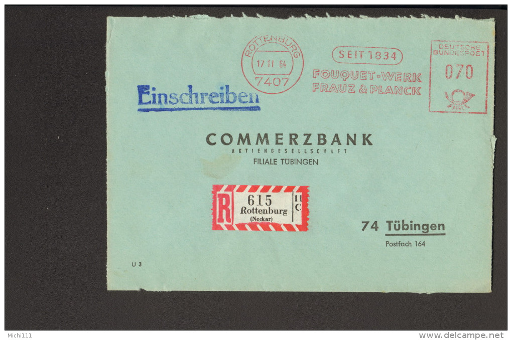 BRD Einschreibebrief Mit R-Zettel Rautenausgabe V.1964 Aus Rottenburg Neckar M.Freistempel D.Fa.Fouqet-Werke - R- Und V-Zettel
