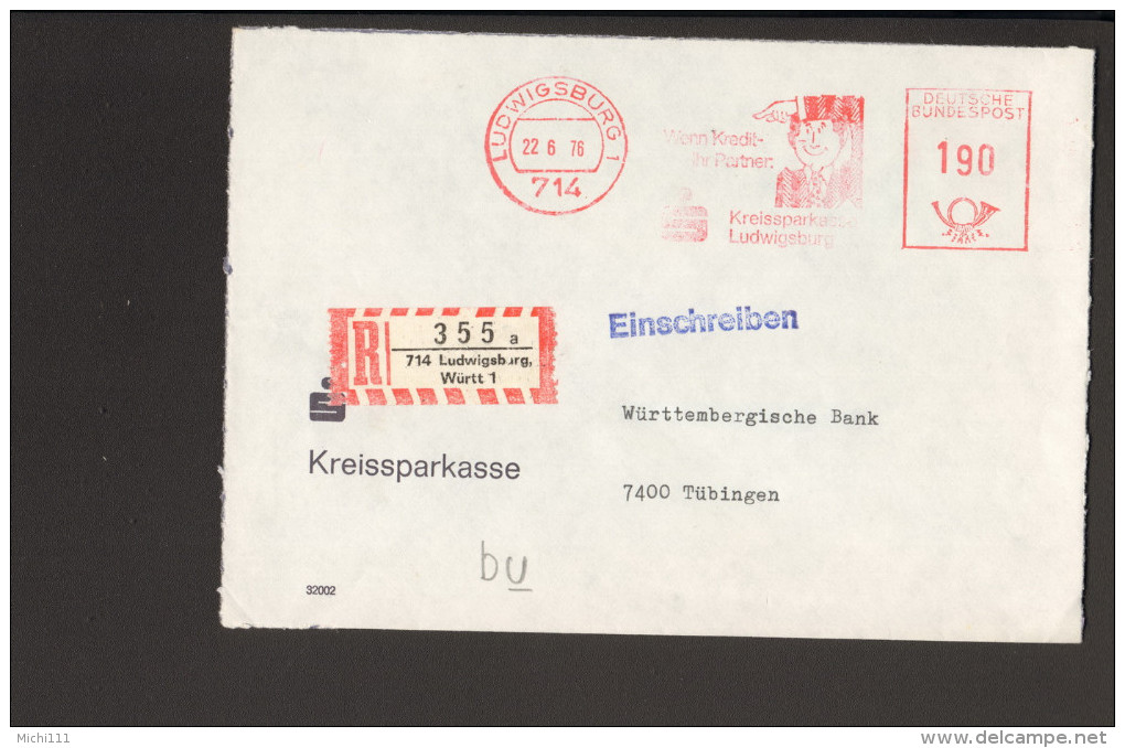 BRD Einschreibebrief M.R-Zettel Rautenausgabe V.1976 Aus Ludwigsburg (teilw.Druckausfall) M.Freistempel D.Kreissparkasse - Etiquettes 'Recommandé' & 'Valeur Déclarée'