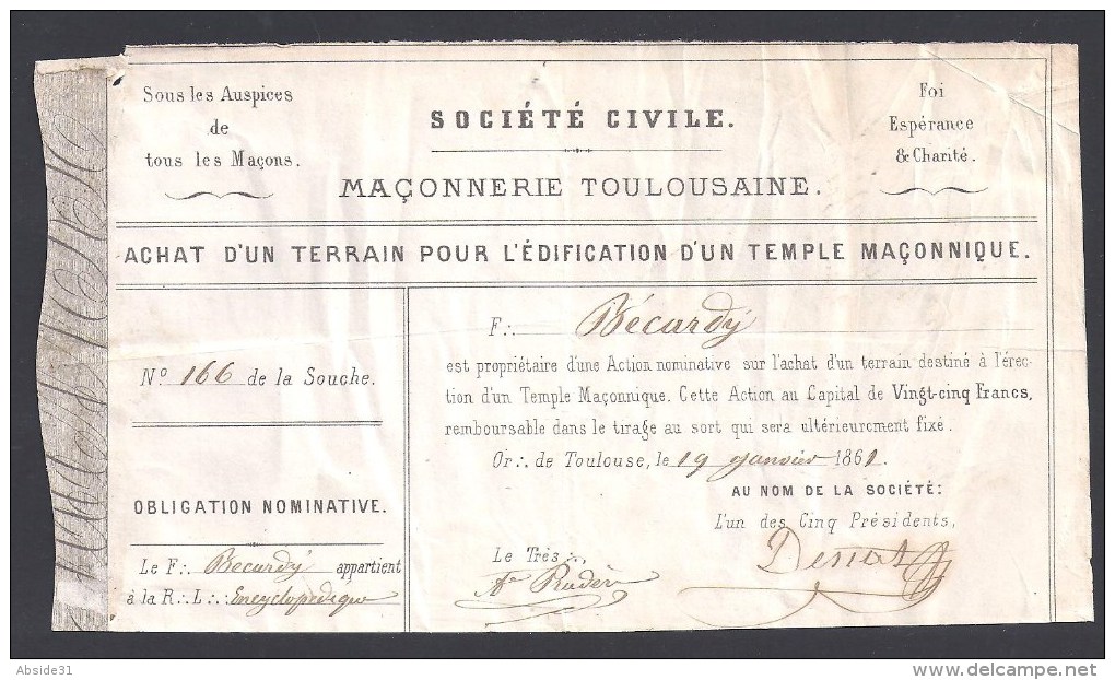 Franc Maçon - Action Pour Achat D'un Terrain Pour L'Edification D'un Temple Maçonnique à Toulouse - Other & Unclassified