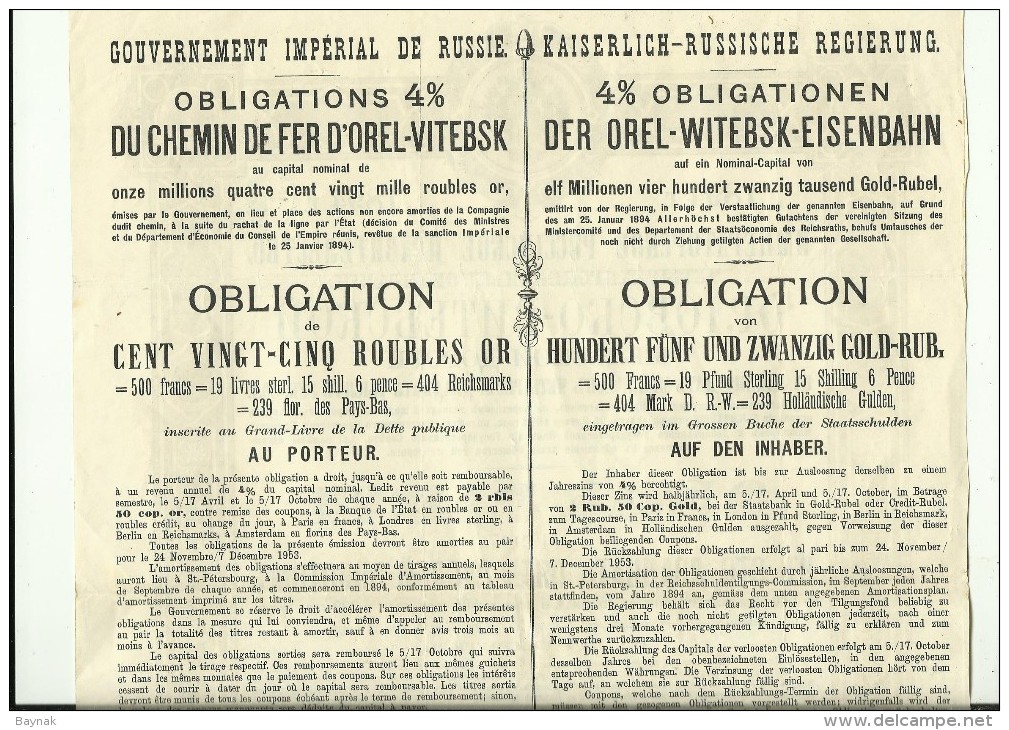 OBLIGATION, SHARE  ---  RUSSIA  --  CHEMIN DE FER VITEBSK, RAILROAD COMPANY  --  1894  --  36 Cm X 27 Cm - Russland