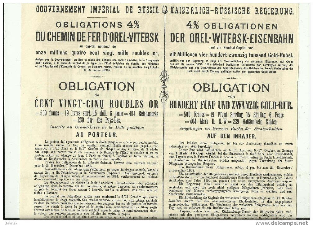 OBLIGATION, SHARE  ---  RUSSIA  --  CHEMIN DE FER VITEBSK, RAILROAD COMPANY  --  1894  --  36 Cm X 27 Cm - Russia