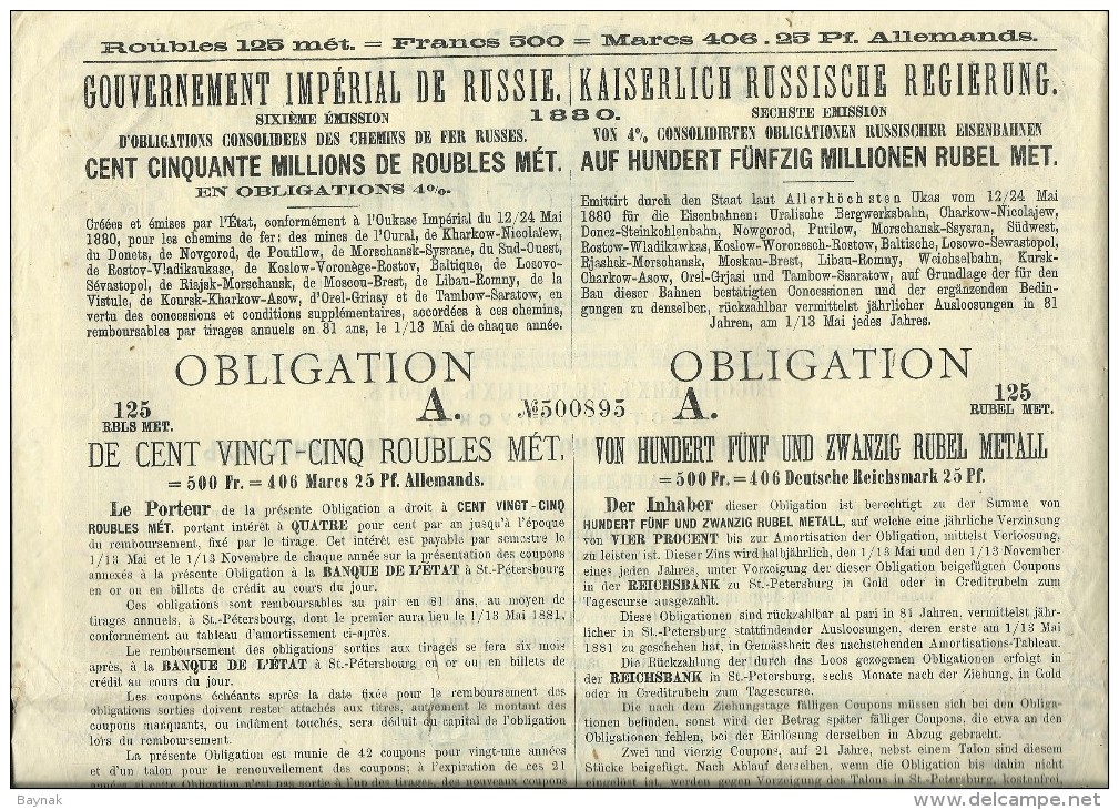 OBLIGATION, SHARE  ---  RUSSIA   --  CHEMIN DE FER, RAILROAD COMPANY  --  1880  --  39 Cm X 31 Cm - Russia