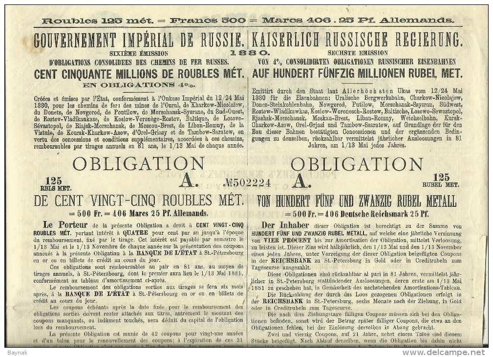 OBLIGATION, SHARE  ---  RUSSIA   --  CHEMIN DE FER, RAILROAD COMPANY  --  1880  --  39 Cm X 31 Cm - Russland