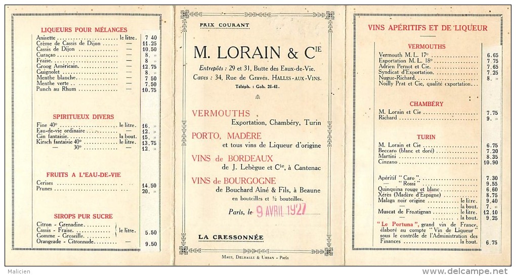 Ref  B377- Carte 3 Volets - Alcool - Le Vin- Spiritueux  - Tarifs M Lorain Et Cie  - Carte Bon Etat - - Publicité