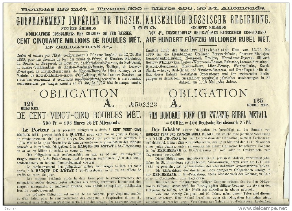 OBLIGATION, SHARE  ---  RUSSIA   --  CHEMIN DE FER, RAILROAD COMPANY  --  1880  --  39 Cm X 31 Cm - Russland