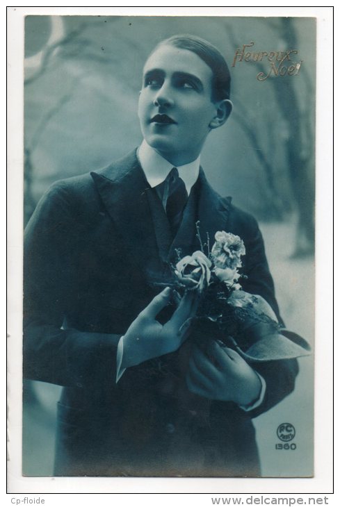 HOMME . PORTRAIT D´HOMME . CHAPEAU ET FLEURS  . HEUREUX NOËL - Réf. N°2097 - - Hommes