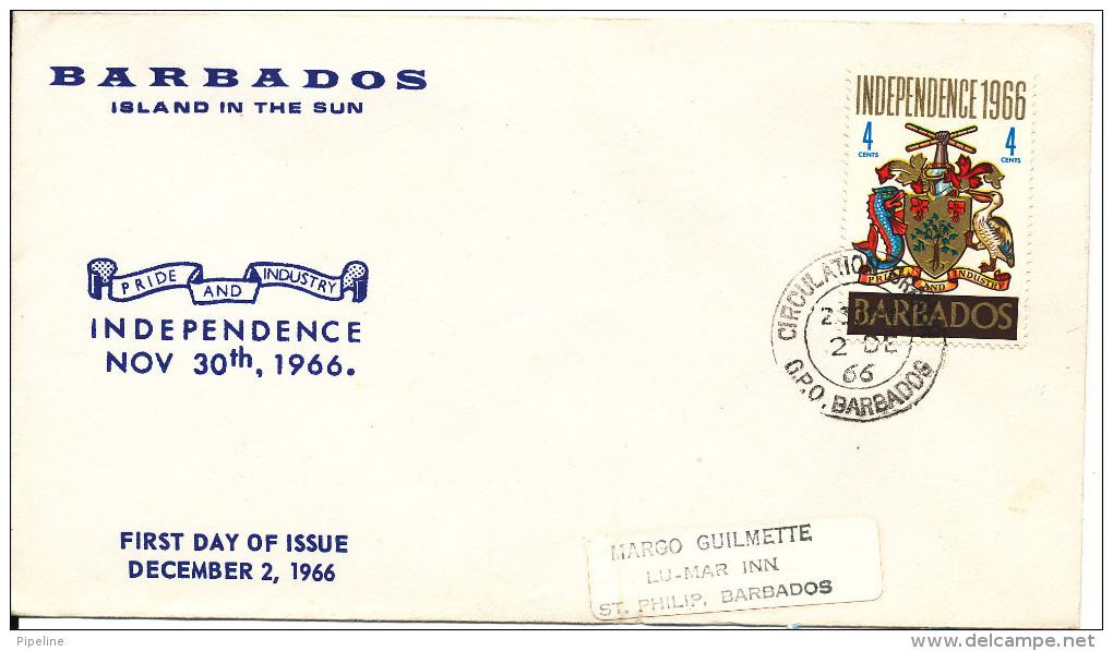 Barbados FDC 2-12-1966 Independence 1966 - Barbados (1966-...)