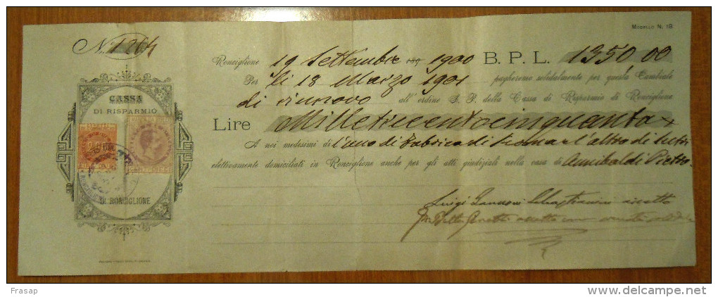 Italy: CCASSA DI RISPARMIO DI RONCAGLIONE  CAMBIALE Letter / Bill With 2 X Fiscal Stamp, 1900 - Fiscale Zegels