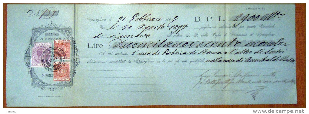 Italy: CCASSA DI RISPARMIO DI RONCAGLIONE  CAMBIALE Letter / Bill With .3 X Fiscal Stamp, 1897 - Fiscales