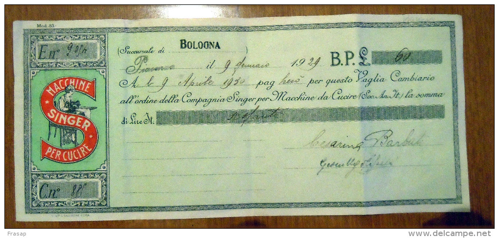 Italy: SINGER   CAMBIALE Letter / Bill With .2 X Fiscal Stamp, 1929 - Fiscale Zegels