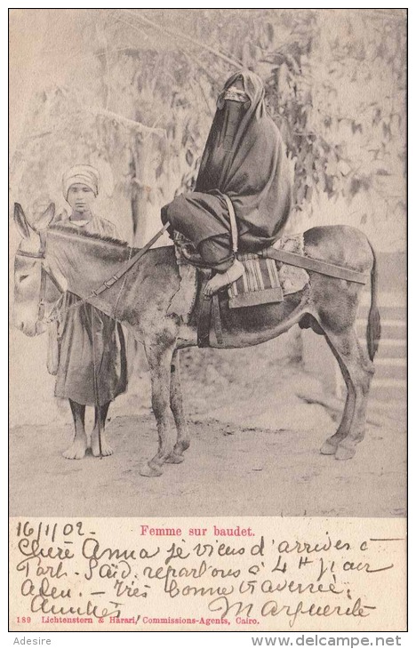 EGYPTE Femme Sur Baudet, Vermummte Frau Auf Esel - Gel.1902, 2 Fach Frankiert, Stempel Port-Said - Sonstige & Ohne Zuordnung