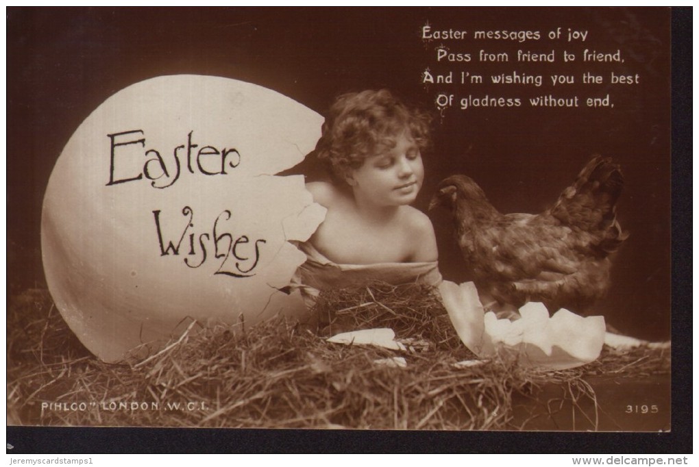 Old Postcard : "Easter Wishes"  With Small Child Climbing Out Of An Egg, Used @ Stockwell 1923 - Easter